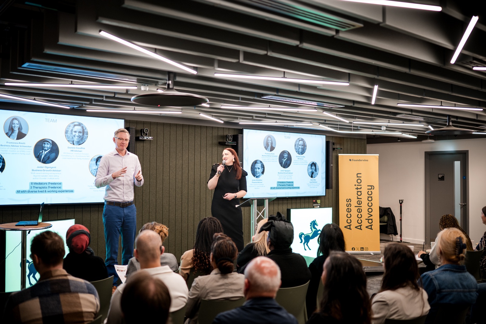 Foundervine Breakthrough Demo Day presentation with speakers and audience