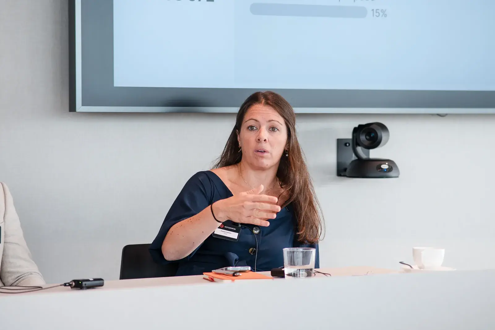 A panel speaker explaining a point at Goodwin — Management Incentives in the AI Era