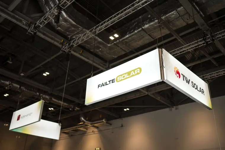 The suspended Fáilte Solar stand signage at Fáilte Solar at Solar & Storage