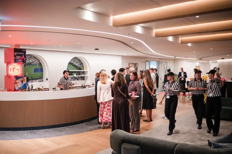 A wide view of the reception and bar crowd at Goodwin Tavern.