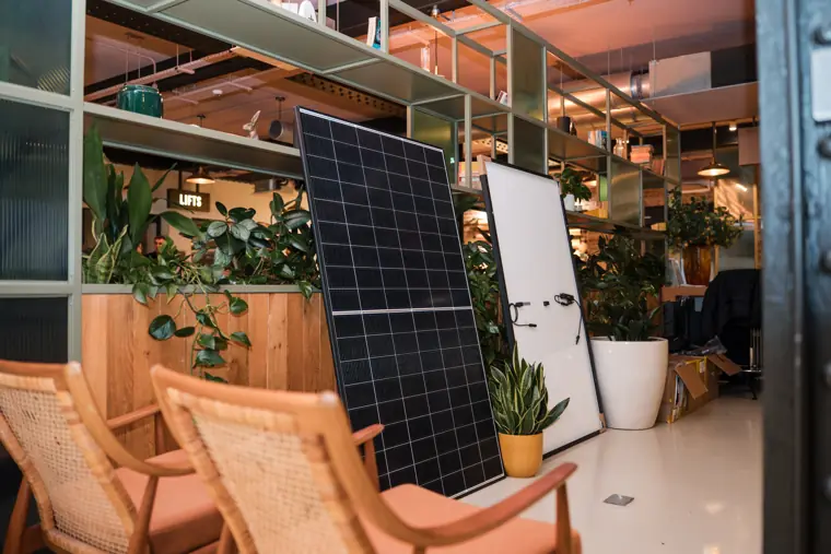 Solar panels displayed at the client event.