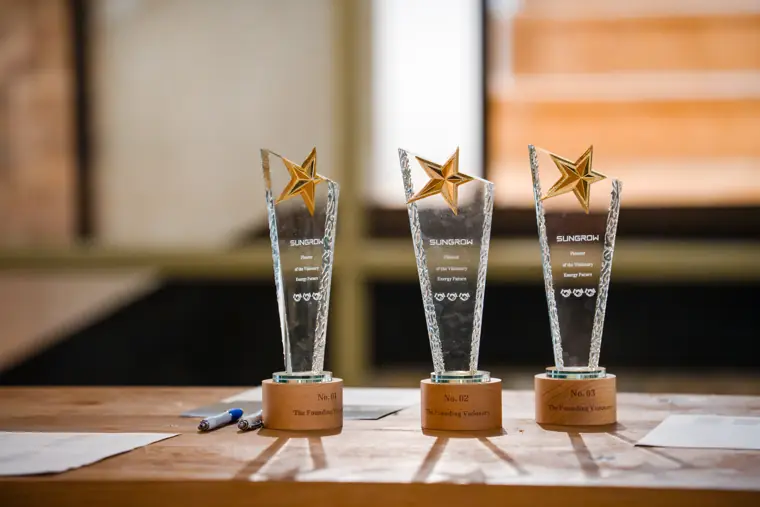 Close view of the event trophies.