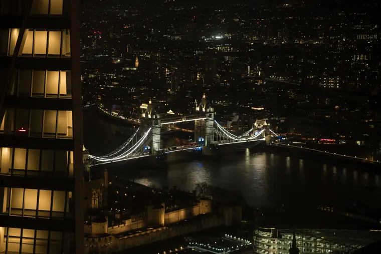 London city lights seen from the venue.