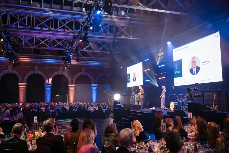 The illuminated awards stage and dinner audience.