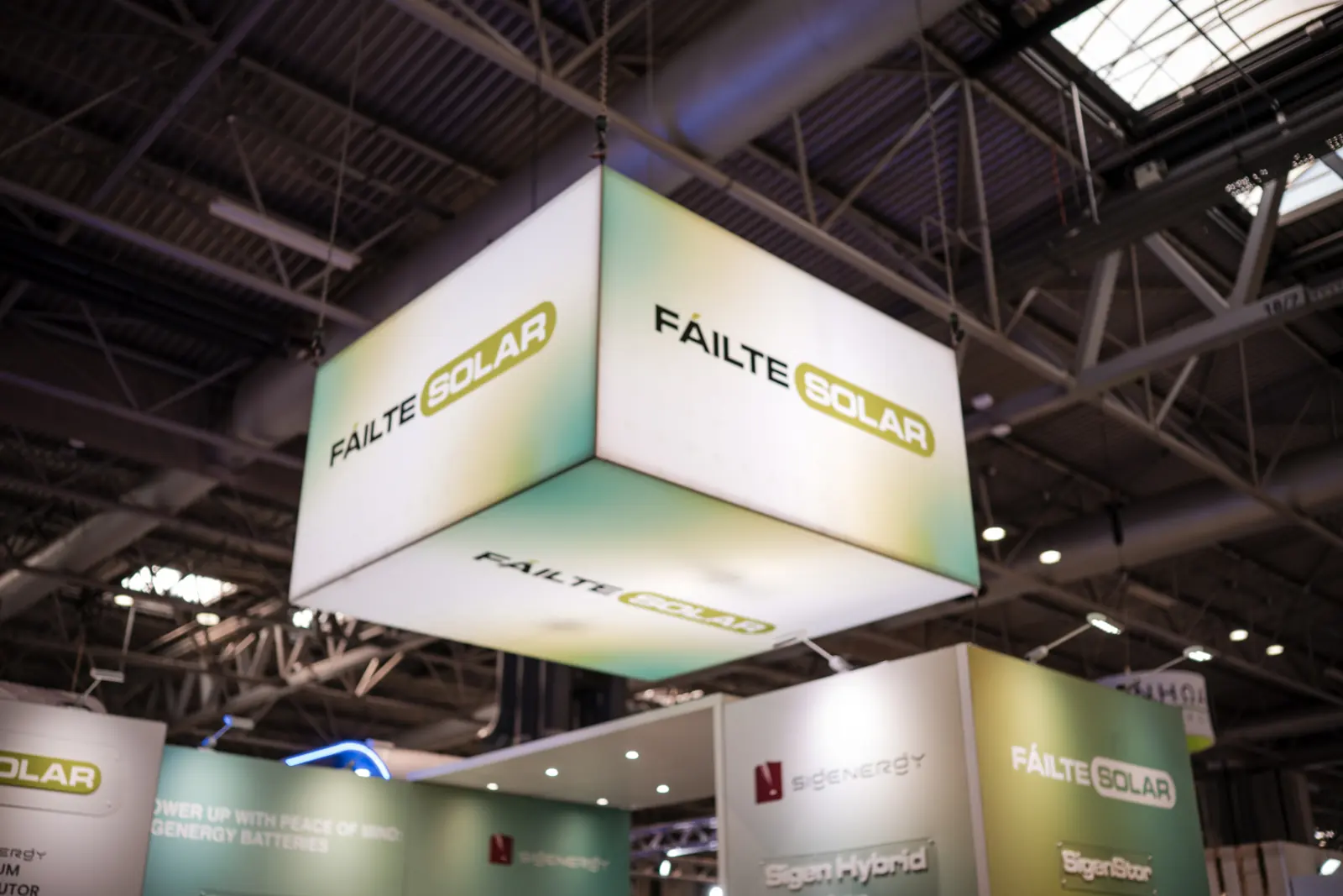 The Fáilte Solar exhibition stand beneath its hanging sign.