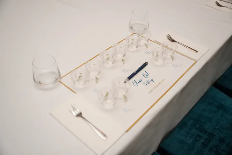 Place setting and tasting glasses prepared for guests.