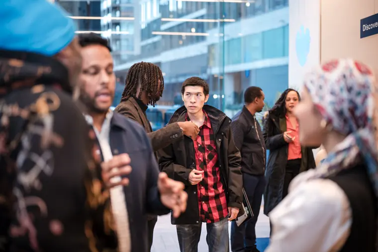 Guests meet in the open reception space.