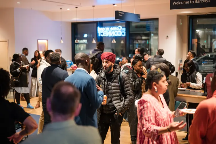 Guests gather in the reception space.