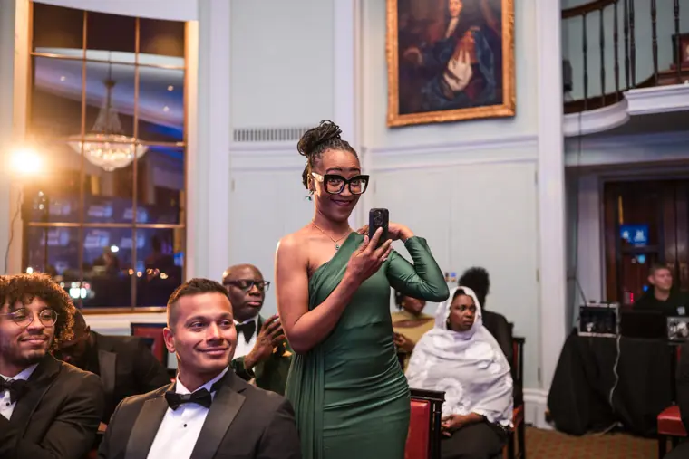 A speaker addresses the room during the awards.