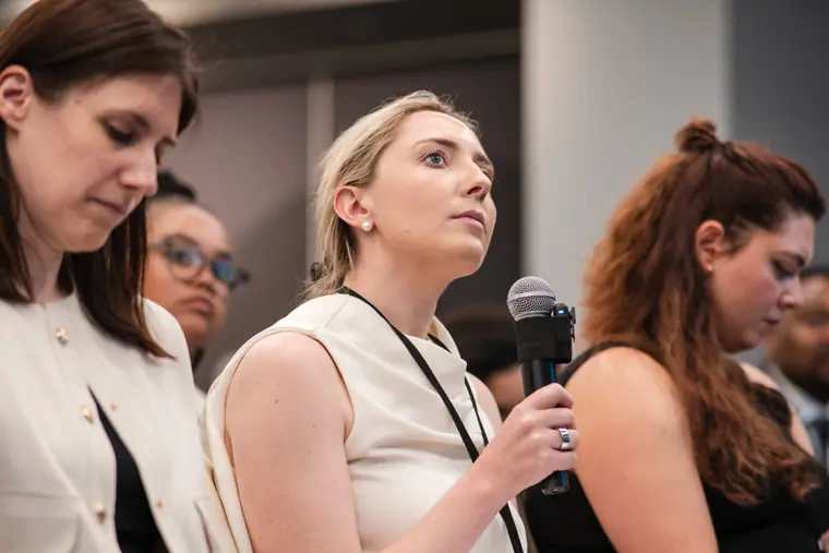A guest asks a question during the pitch session.