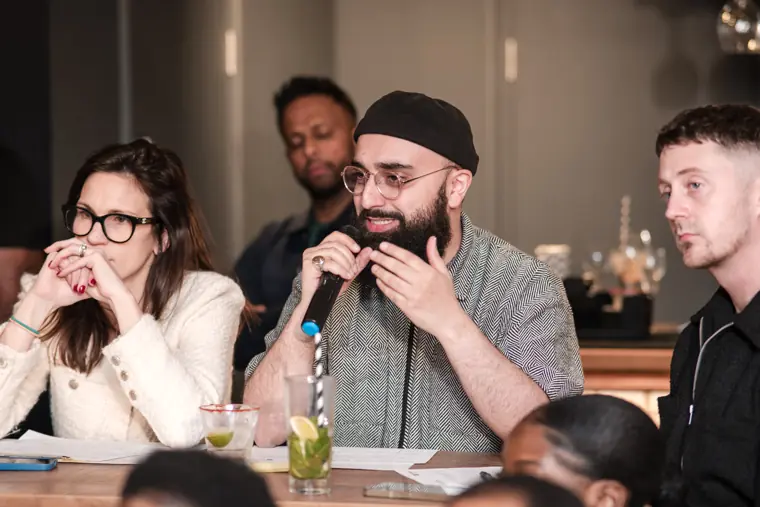 The judges listen to a pitch.