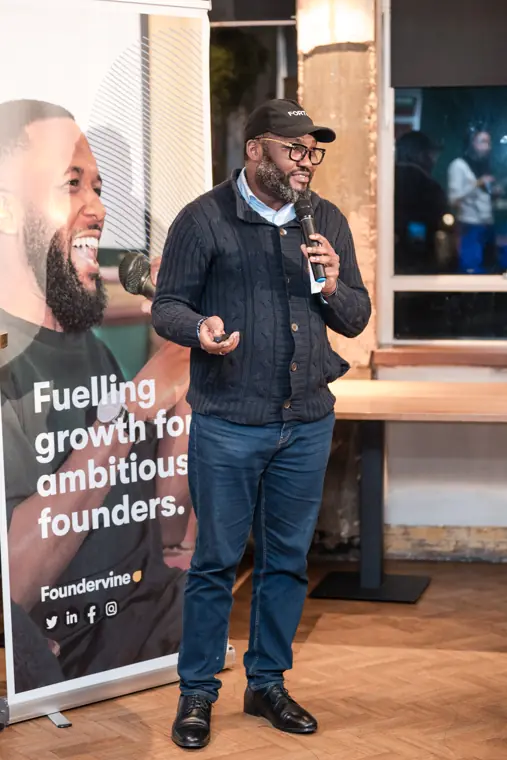 A host introduces the Pitch and Cocktails programme.
