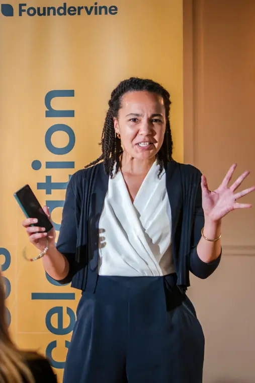 A founder addresses the Pitch Room audience.