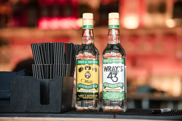 Wray and Nephew bottles at the venue bar.