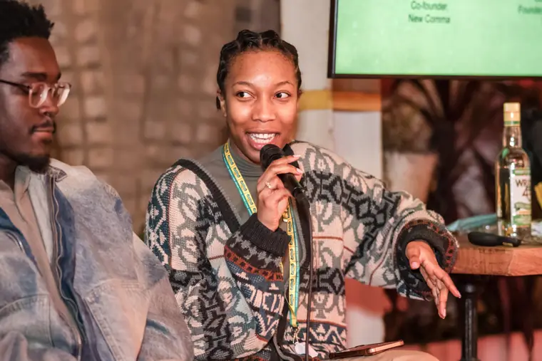 A panelist speaks during a discussion.