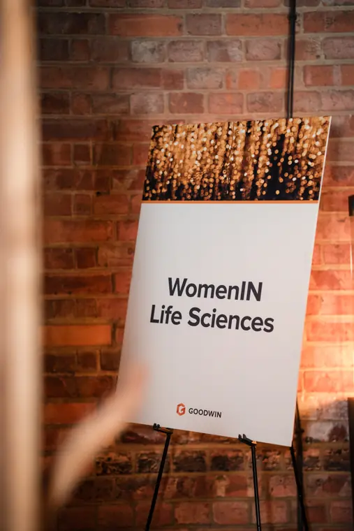 The Women in Life Sciences welcome sign at the reception.