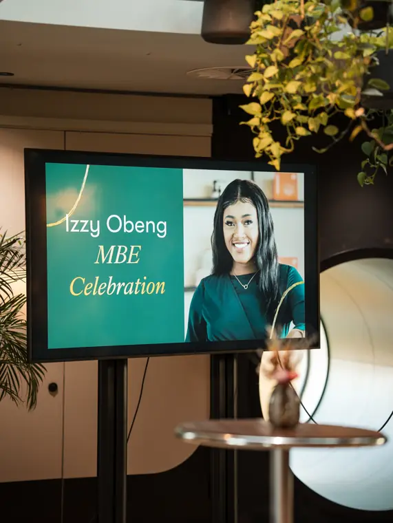 Izzy Obeng MBE celebration screen.