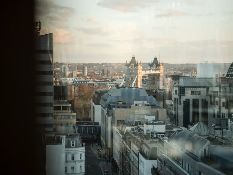 London skyline viewed through the rooftop windows.