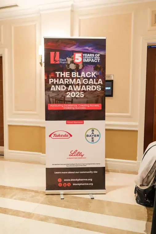 Black Pharma fifth anniversary welcome sign in the hotel foyer at the Black Pharma fifth anniversary gala.