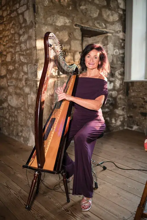 A harpist performing beside a stone wall at the Chambers High Net Worth Awards 2025.