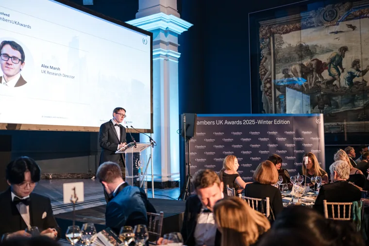 A speaker addressing the dinner audience at the Chambers UK Awards winter edition.