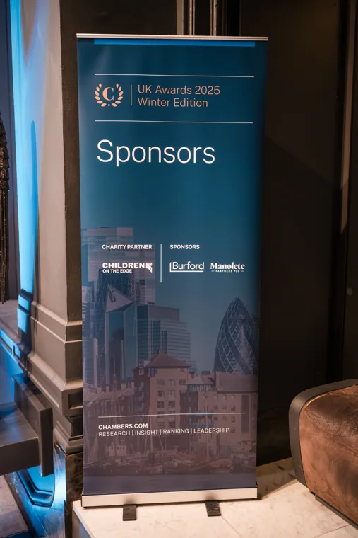 A sponsor banner beside the awards reception at the Chambers UK Awards winter edition.