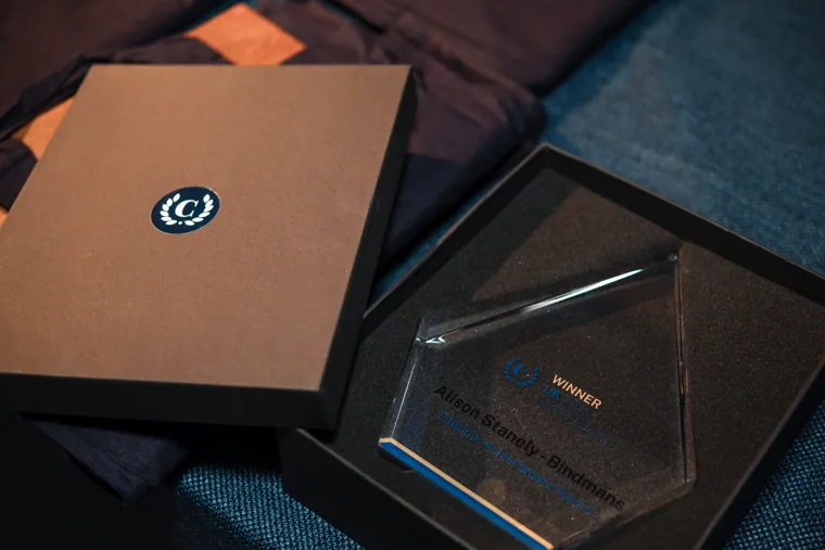 An awards trophy in its presentation box at the Chambers UK Awards winter edition.