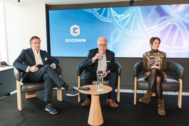 Panel guests in conversation on stage at the Goodwin networking event.