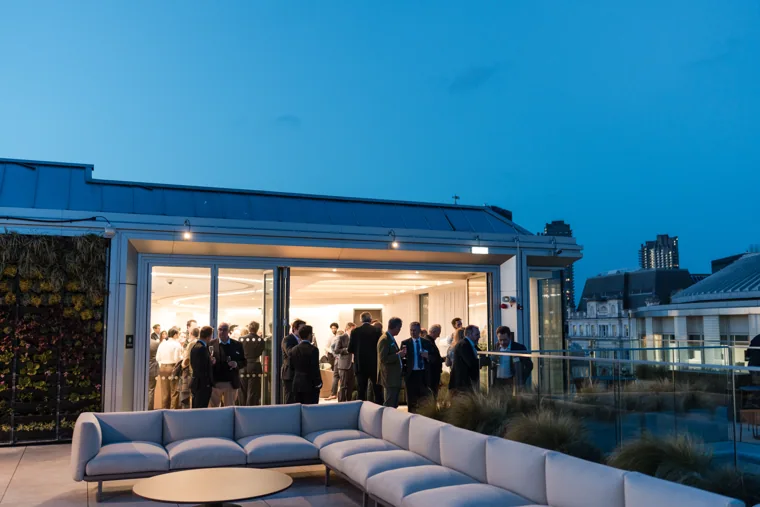 The event terrace and St Paul’s Cathedral at dusk at the Goodwin networking event.