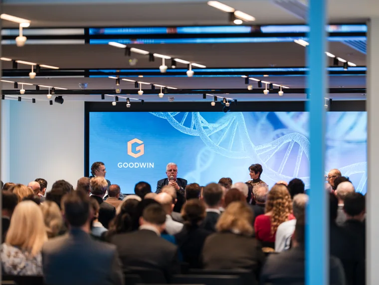 The panel session viewed across the audience at the Goodwin networking event.